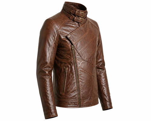 Men’s Vintage Brown Leather Biker Jacket – Asymmetrical Zip