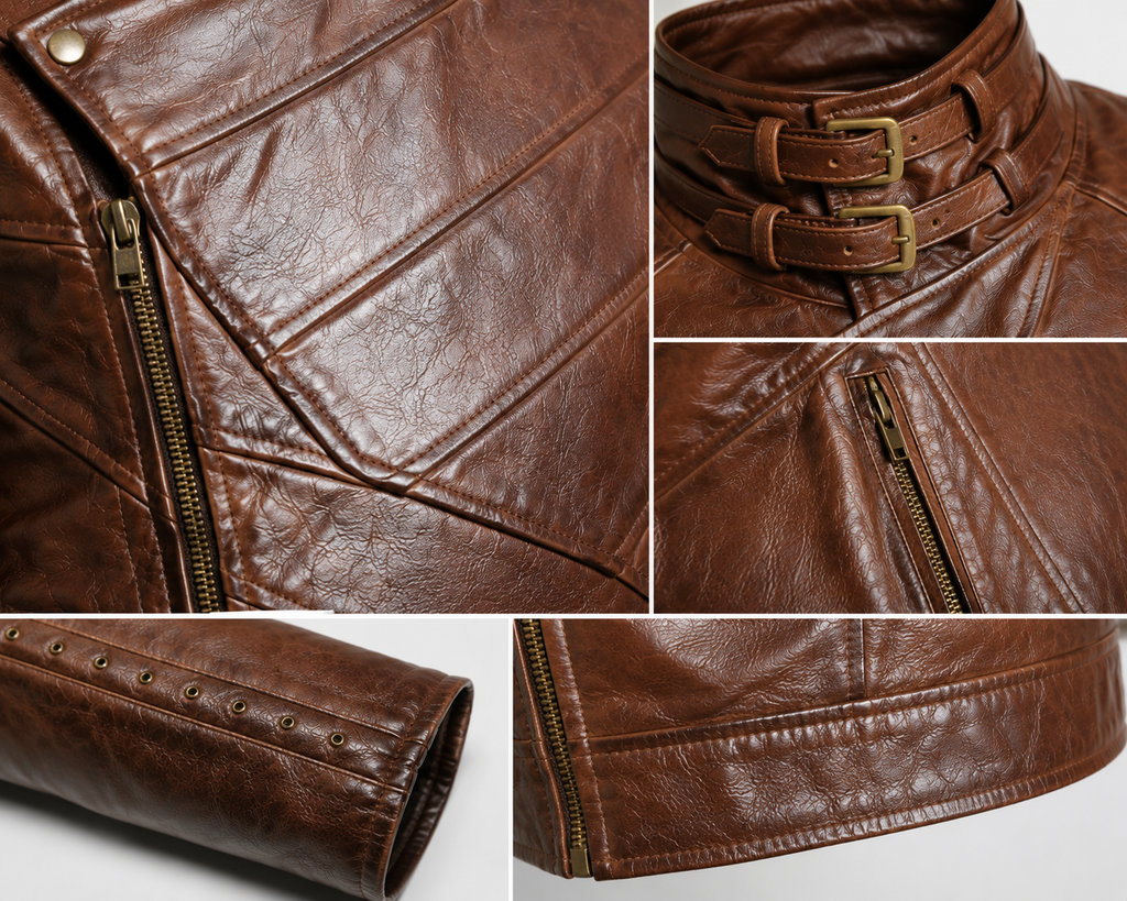 Men’s Vintage Brown Leather Biker Jacket – Asymmetrical Zip