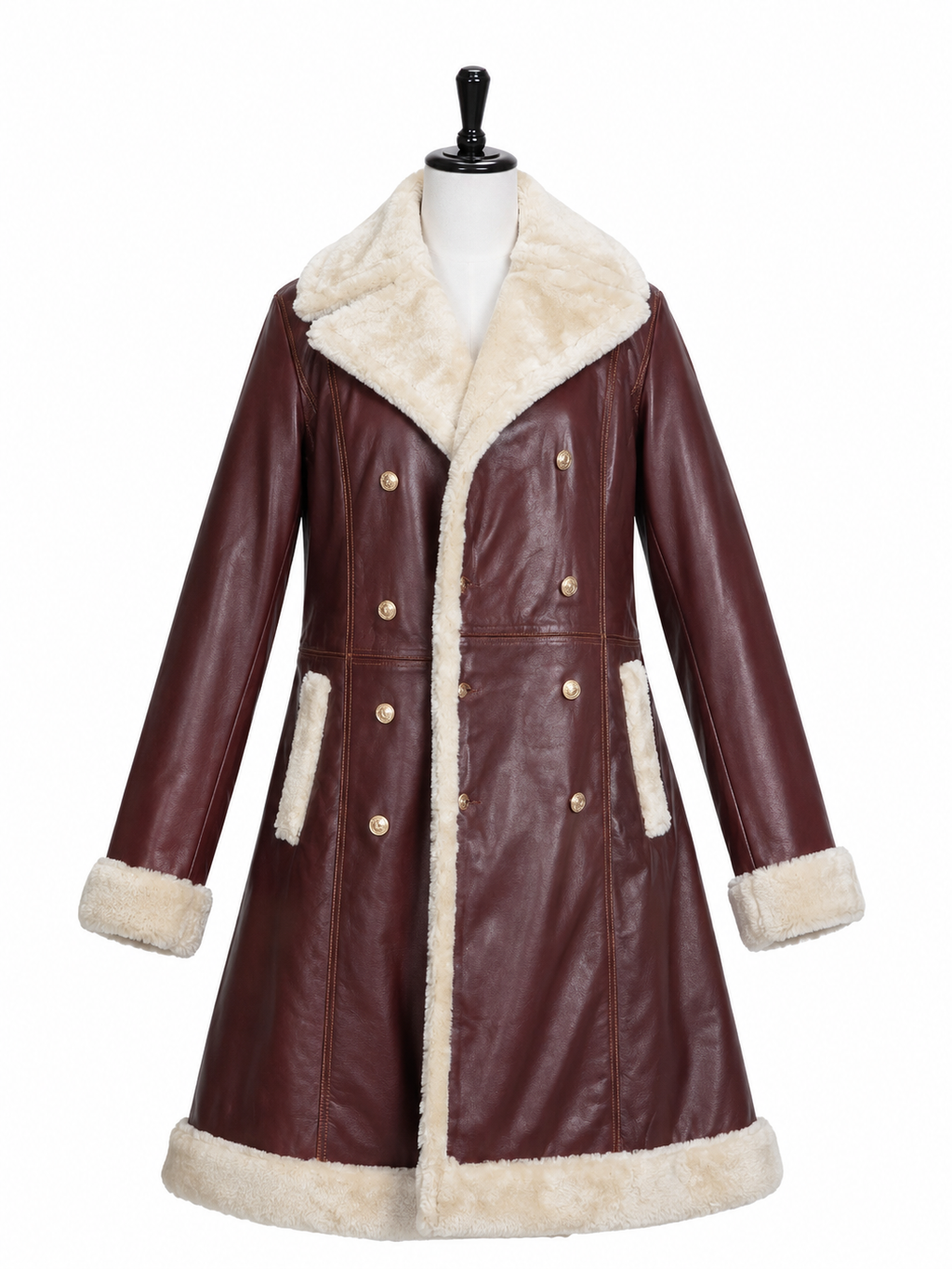 Luxe burgundy leather-look shearling winter coat with cream fur collar, cuffs and trim displayed on a mannequin