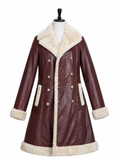 Luxe burgundy leather-look shearling winter coat with cream fur collar, cuffs and trim displayed on a mannequin