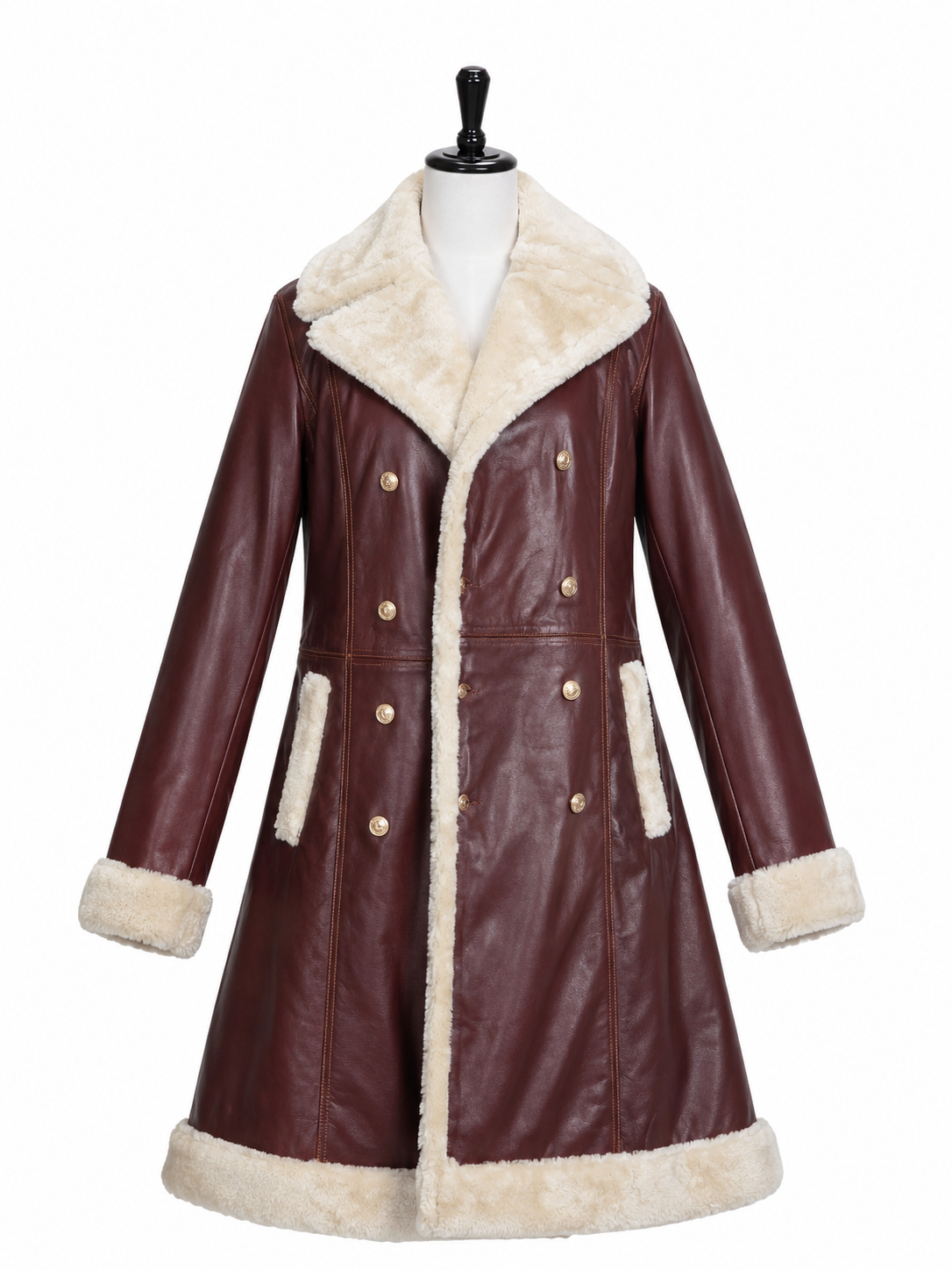 Luxe burgundy leather-look shearling winter coat with cream fur collar, cuffs and trim displayed on a mannequin
