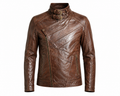 Men's vintage brown leather biker jacket with asymmetrical zipper, buckle collar and multiple zippered pockets