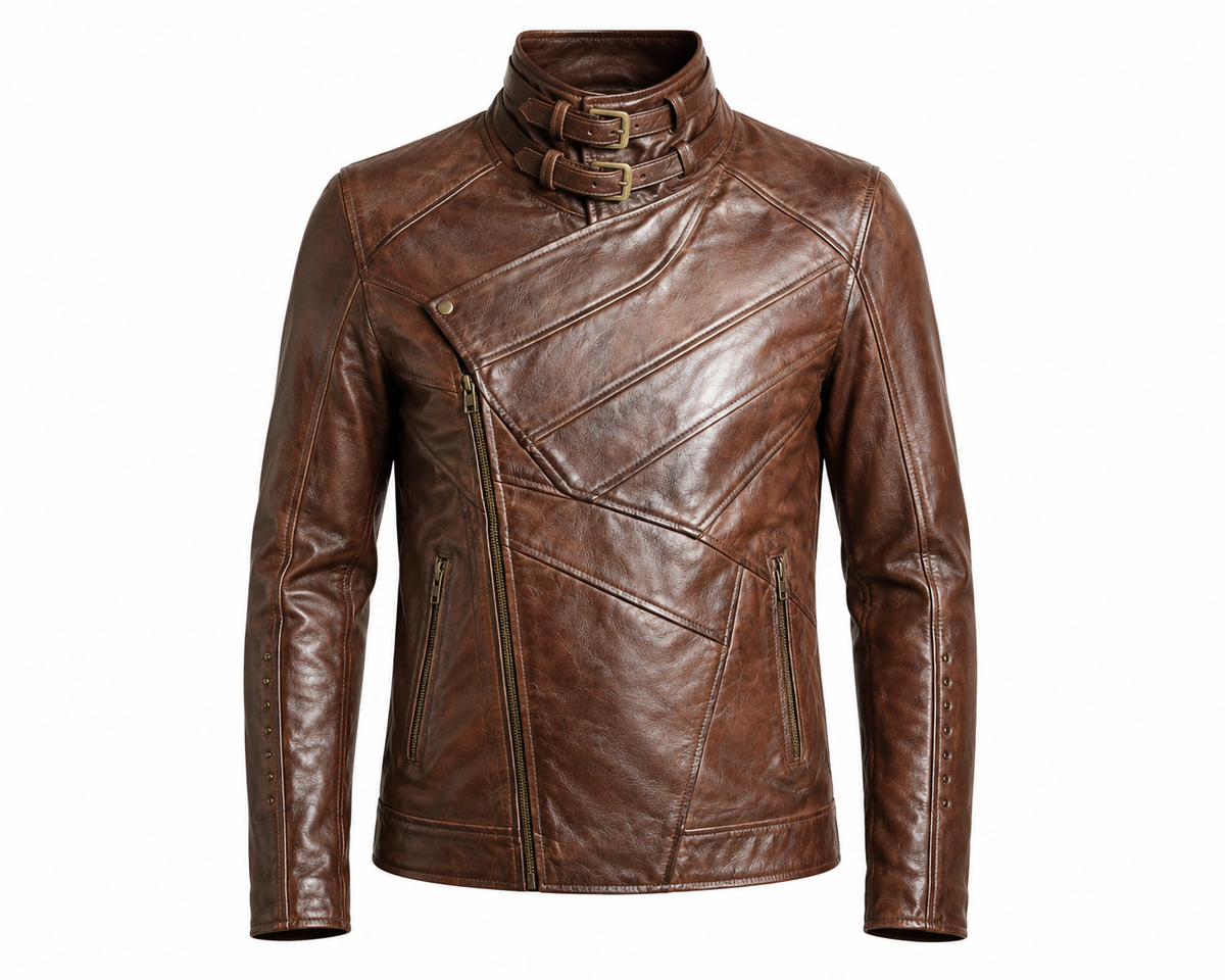 Men's vintage brown leather biker jacket with asymmetrical zipper, buckle collar and multiple zippered pockets